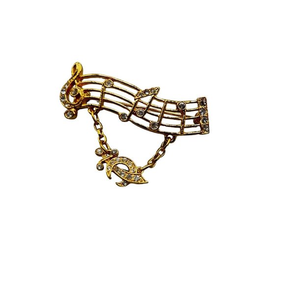 Signed ORA Vintage Musical Pin Brooch with Dangling Charm Gold Tone & Rhinestone - Picture 1 of 5